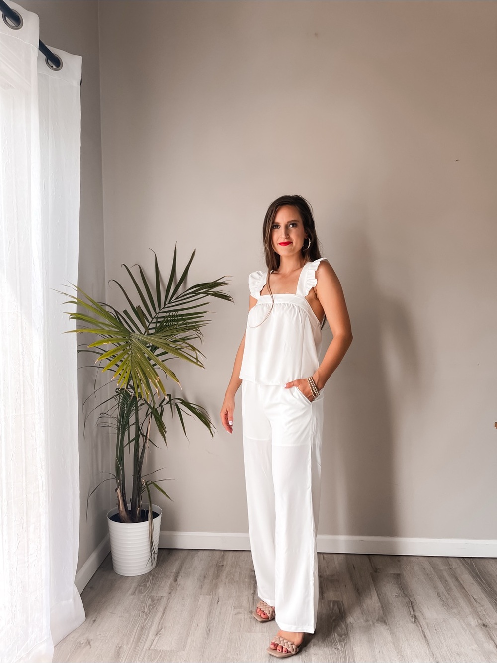 Women's White Wide-Leg Matching Set with Ruffle Straps